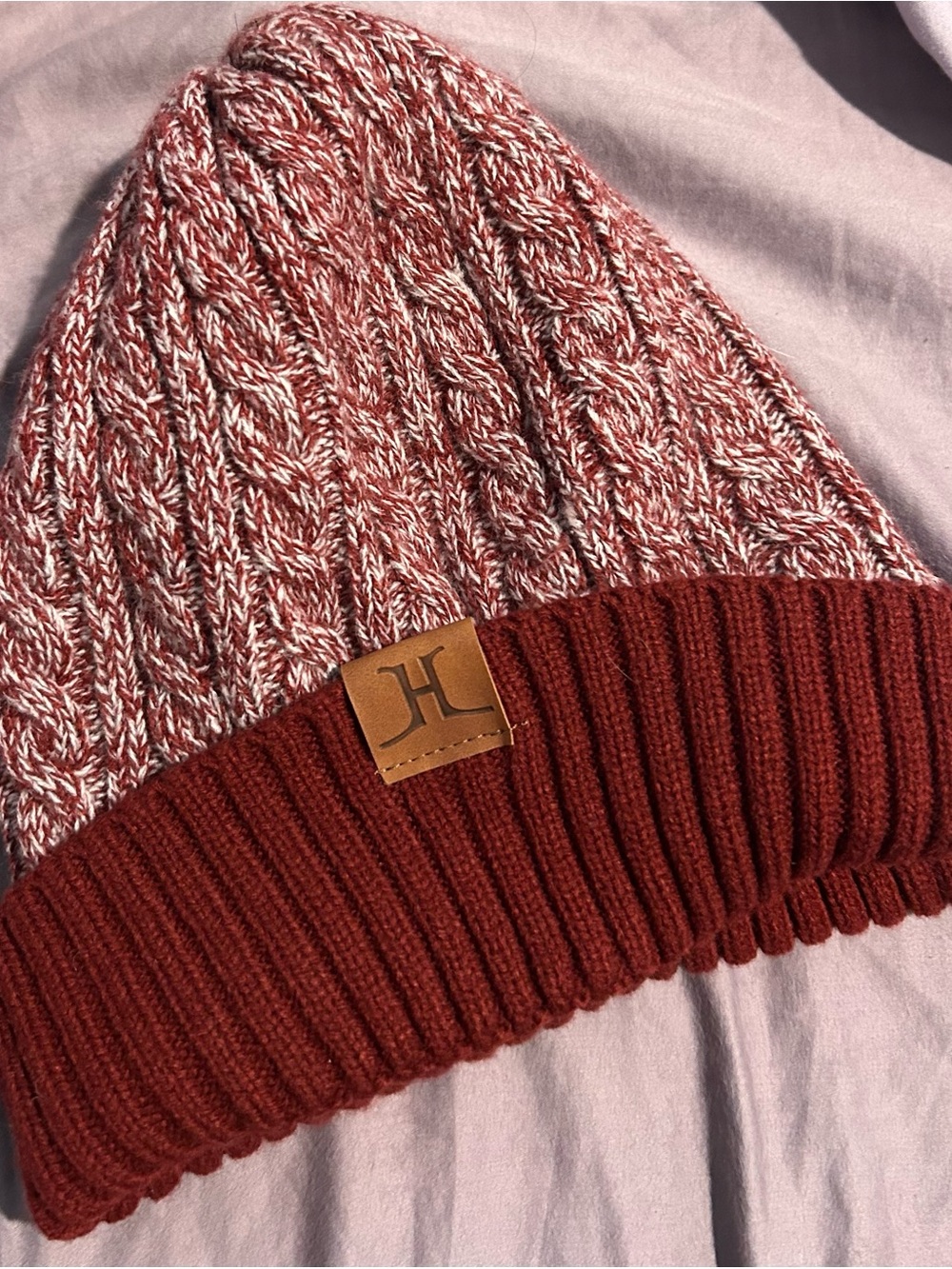 Cable Knit Beanie with Leather Logo Patch - Rust & Cream